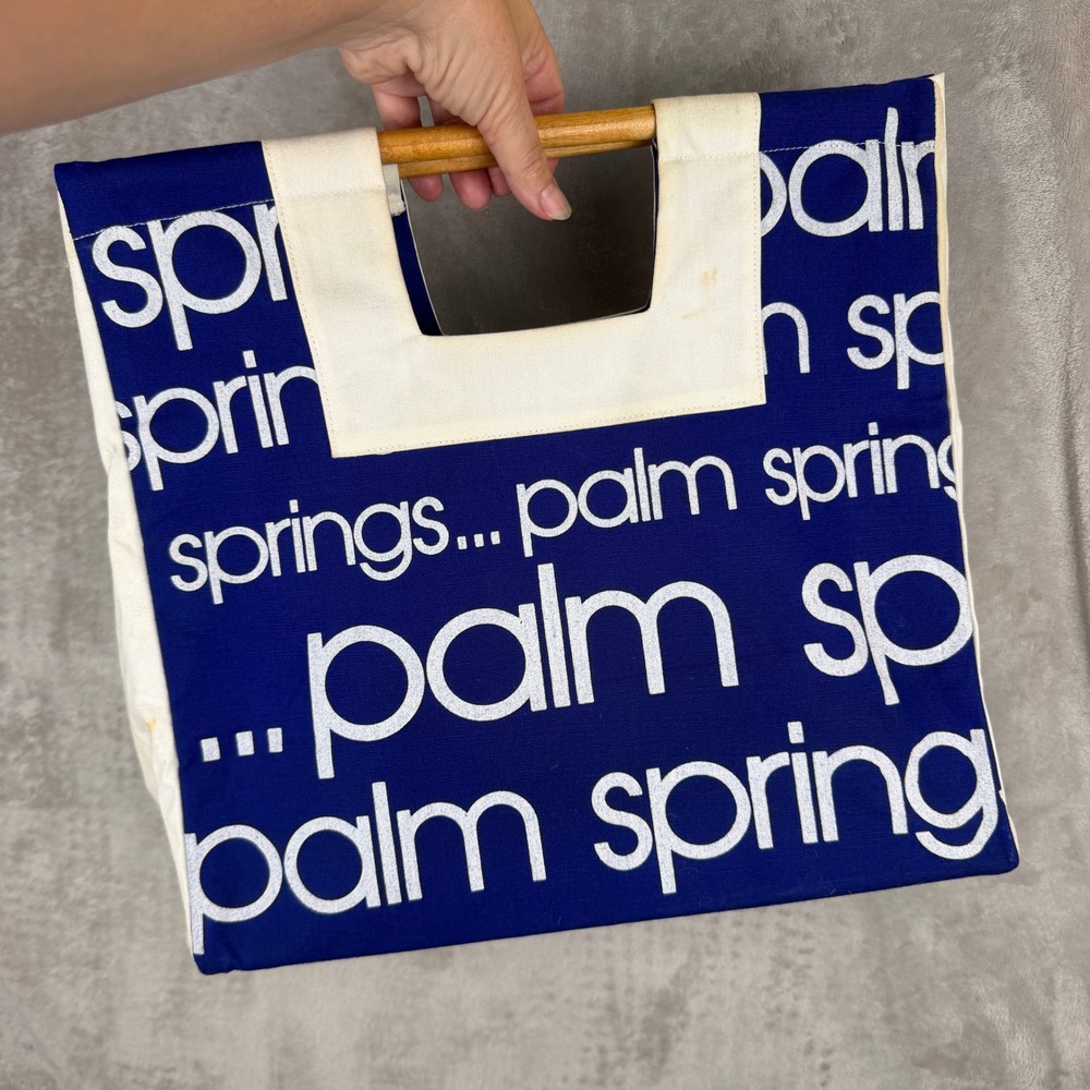 Vintage Palm Springs Canvas Souvenir Tote Bag Navy Blue Wood Handle Retro MCM